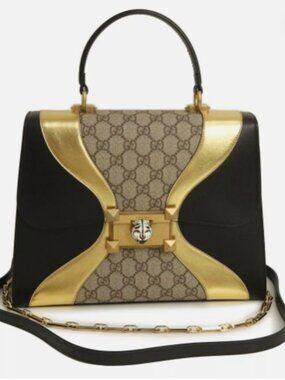 Authentic Gucci GG Supreme Osiride Black Leather Goldtone Handle Bag